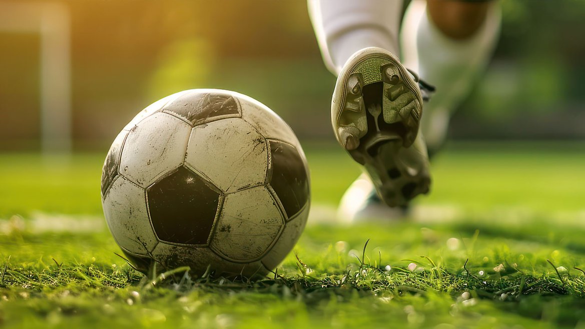 En fotballspiller som sparker en ball